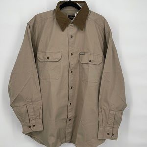 Vintage 90s Woolrich Mens XL Distressed Spell Out Double Pocket Button Shirt Tan